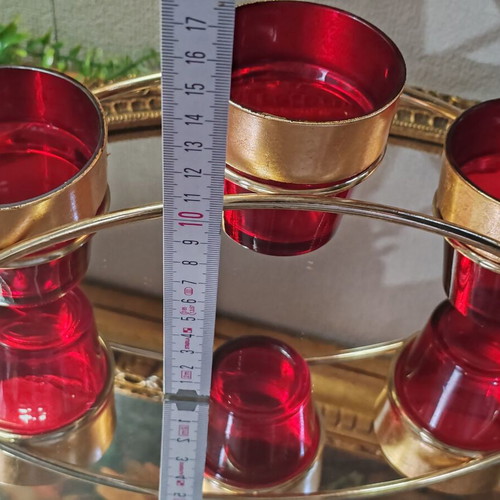 Vintage Carousel candle holder for 3 tealight candles, ruby glass and gold