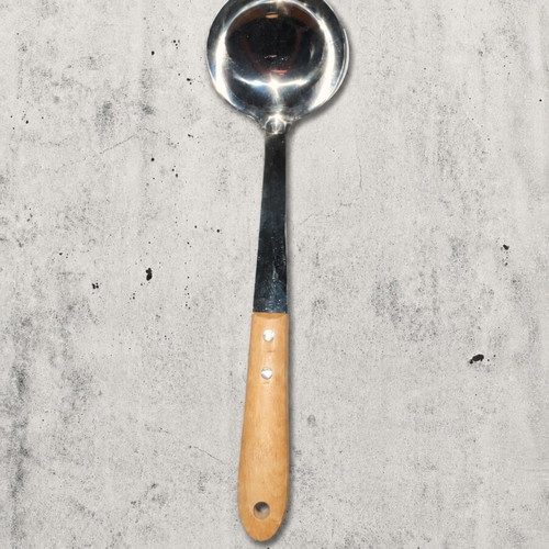 Stainless steel serving ladle with wooden handle