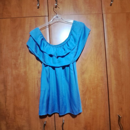 Satin off-shoulder blouse with ruffles like new, blue, size S/M