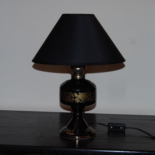 Handmade vintage black ceramic oil lamp portatif with gold designs