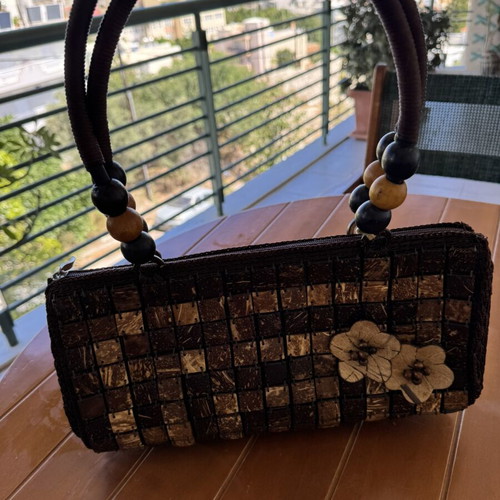 Vintage Boho Handbag Like New, Handmade With Wooden Flowers