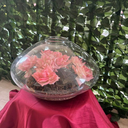 Decorative glass vase terrarium with pink flowers like new