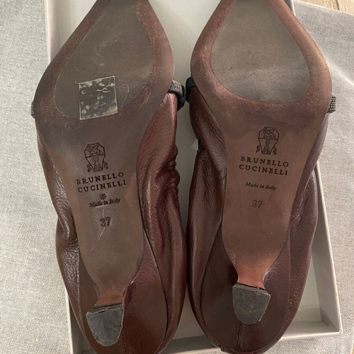 Brunello Cucinelli Monili-Strap leather kitten heels like new, espresso brown