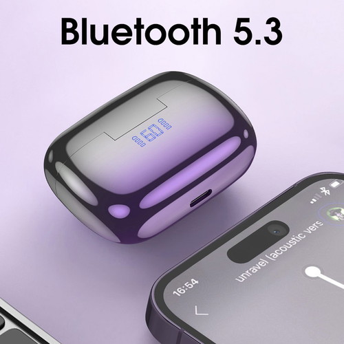 Bluetooth 5.3 Hoco earbuds with ANC+ENC, charging case and purple battery LED display
