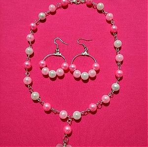 Handmade pink and white beaded summer necklace and earrings set