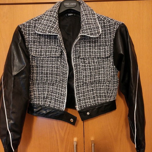 Bomber jacket plaid with faux leather sleeves new, black and white
