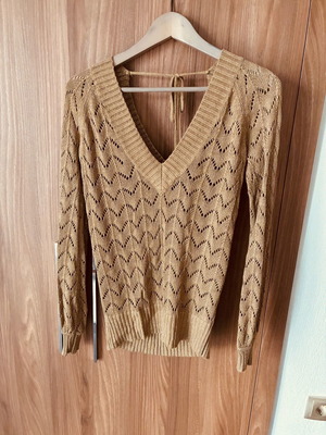 Mango women's blouse medium with gold thread, perforated design like new, brown gold
