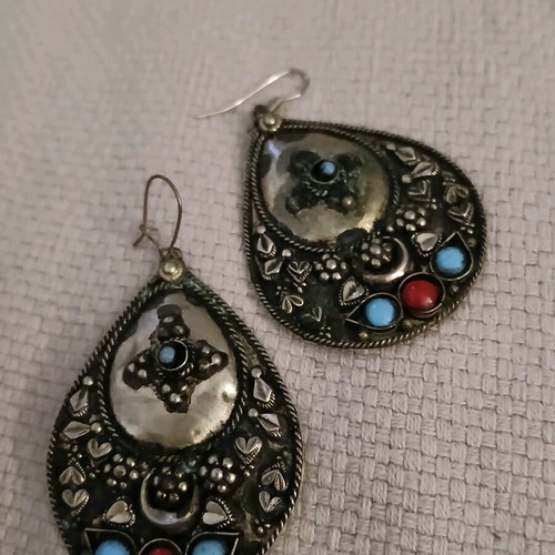 Boho large dangling earrings like new, multicolored and silver