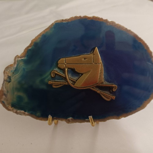 Blue Agate Crystal with Bronze Horse Head and Base