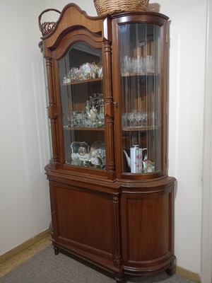 Showcase walnut wood 1953-54 used, three doors, two levels