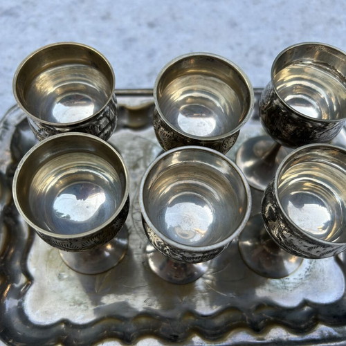 Vintage metal liqueur glasses set with tray