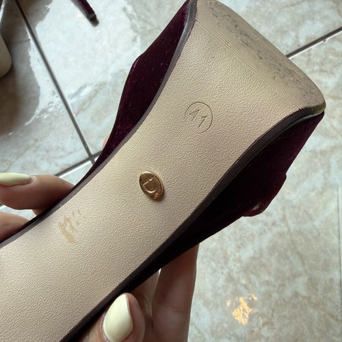Sued high heel sandals 14cm used, red and purple, Ideal Shoes