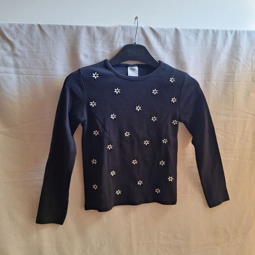 Zara Kids embroidered black ribbed long sleeve top, size 10