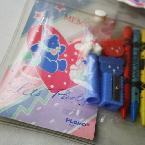 Vintage Flomo school set memo notebook crayons eraser sharpener Taiwan 1980s new