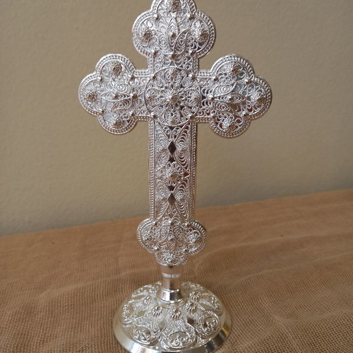 Holy Water Cross 16.5cm new, metal with base and stones