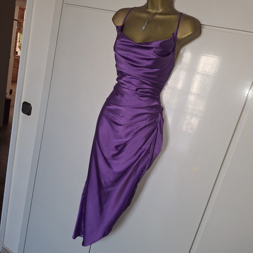 Shein purple satin ruched cross back slit dress, size M