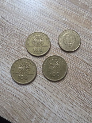 Drachma coins used, 3 of 100 drachmas 1990-1994 and 1 of 50 drachmas 1998