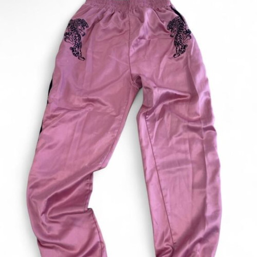 Pink sweatpants with black tiger graphic