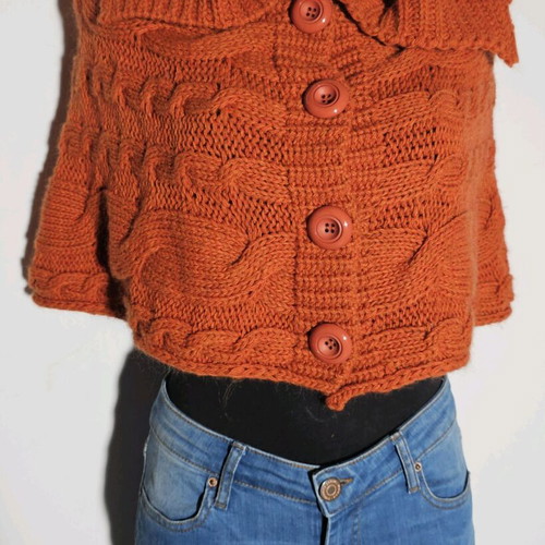 Knitted bolero orange like new with thick cable knit and large collar