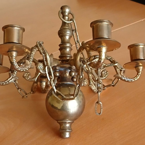 Antique bronze chandelier like new, hanging with six candle arms
