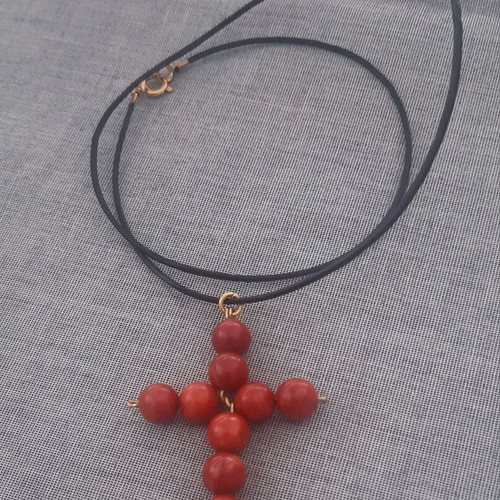 Miriam Cross with Natural Coral and Leather New, Handmade Gift Pouch