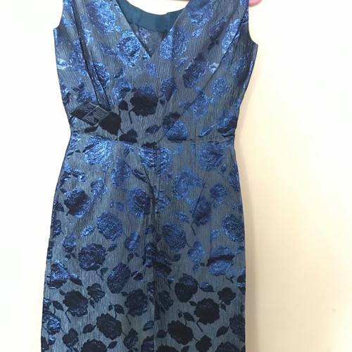 Vintage Handmade Dress 60s Medium Blue Black Jacquard Brocade