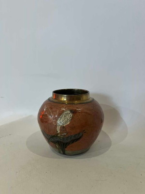 Vintage Cloisonne brass vase with enamel and bird on water lily, used