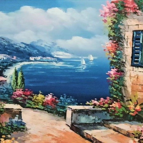 Signed painting House by the Sea on canvas like new with frame