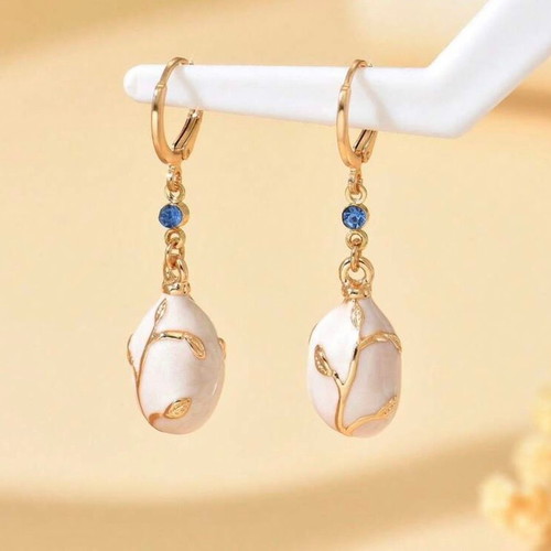 Designer Gold Drop Earrings with Pearl Effect and Blue Crystal, New