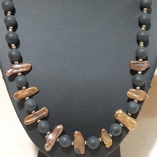 Necklace black onyx matte with pearls and hematite in steel new