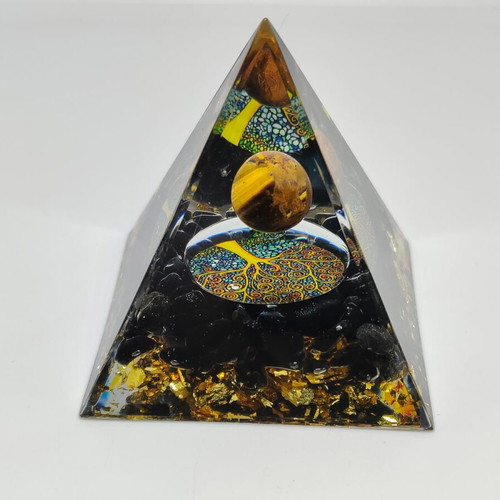 Handmade Orgonite Pyramid with Tiger's Eye and Tree of Life