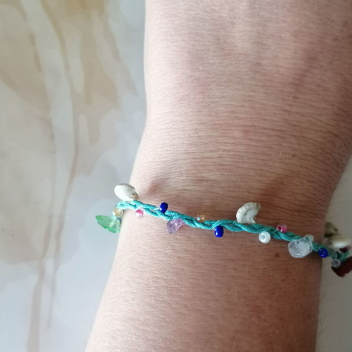 Handmade anklet new with shells, colorful beads and turquoise waxed thread
