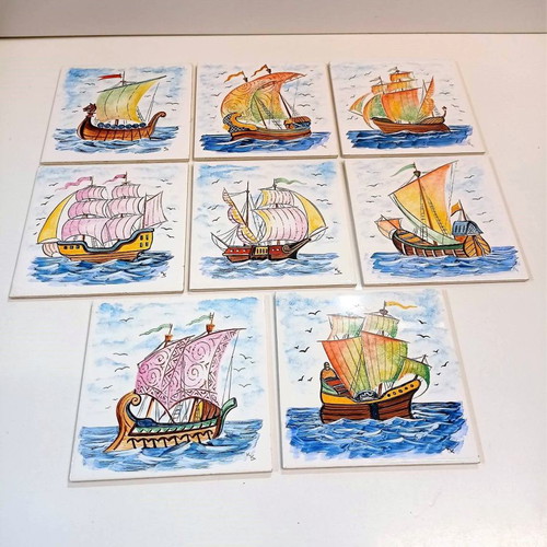 Villeroy and Boch set of eight ceramic tiles from the 1960s like new with sailing ship paintings