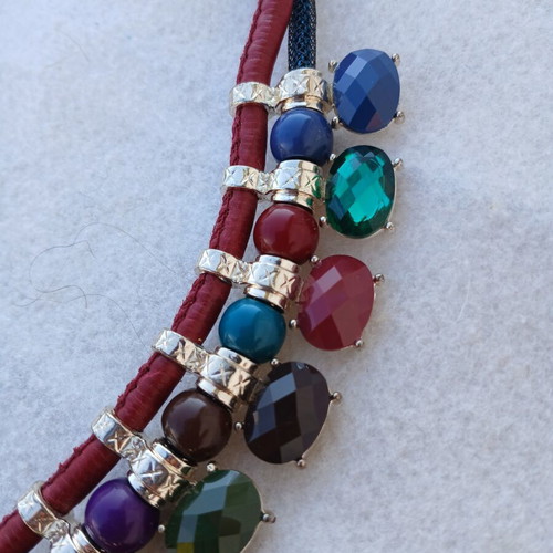 Statement multi-strand necklace with colorful stones, metal and leather, like new