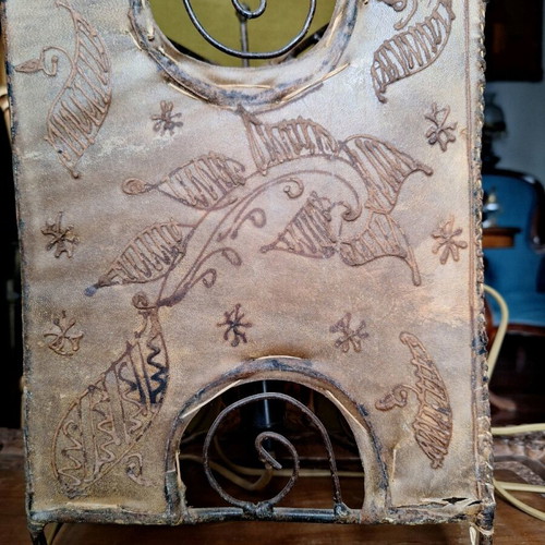 Table lamp used, leather with embossed decoration