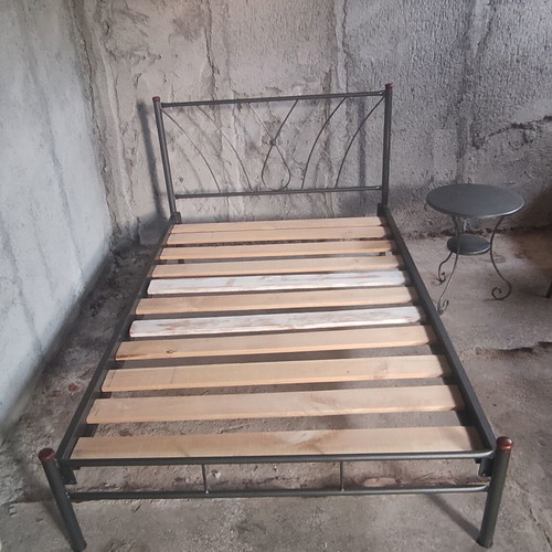 Metal double bed, nightstand and coat rack set like new