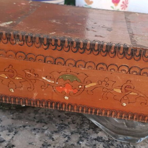 Vintage wooden box with soldier pyrography, used