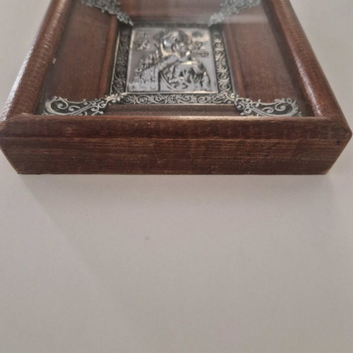 Old Virgin Mary icon used in wooden frame from Megalochari Tinos