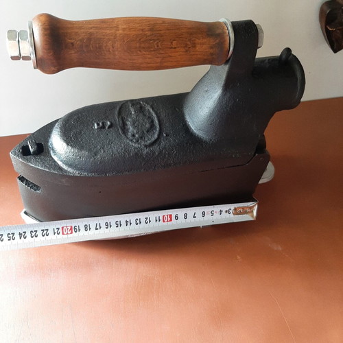 Large vintage charcoal iron "tailor's" with wooden handle