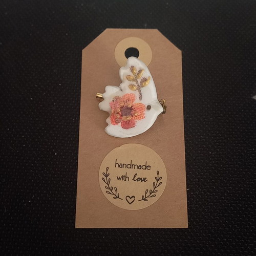 Handmade ceramic brooch new, multicolored with decoupage and glass coating