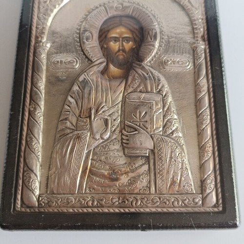 Silver Icon 950 Jesus Christ Pantocrator used, Byzantine replica