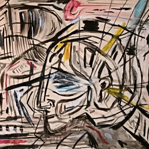 Outsider art painting on cardboard with tempera and ink in wooden frame