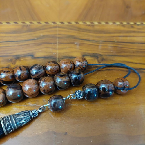Worry beads 21+4 beads brown obsidian with metal elements and black tassel new