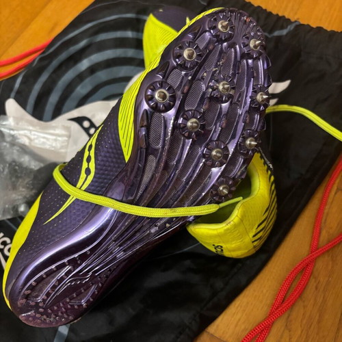 Saucony Spikes Track Shoes used, size 38.5 with bag and spike key
