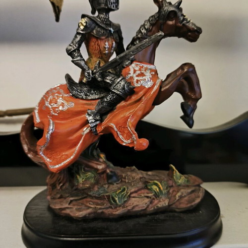 Medieval Knight on Horse Hand-Painted Resin Figurine Like New