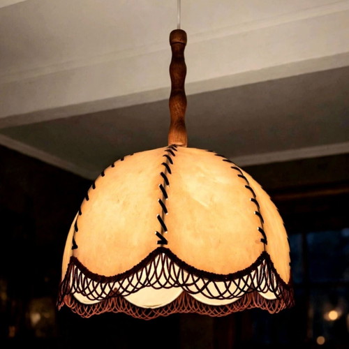 Set of 2 Vintage 70s Boho Lamps with Burgundy Fringe
