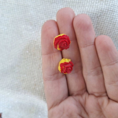 Polymer clay rose earrings custom made, two-tone