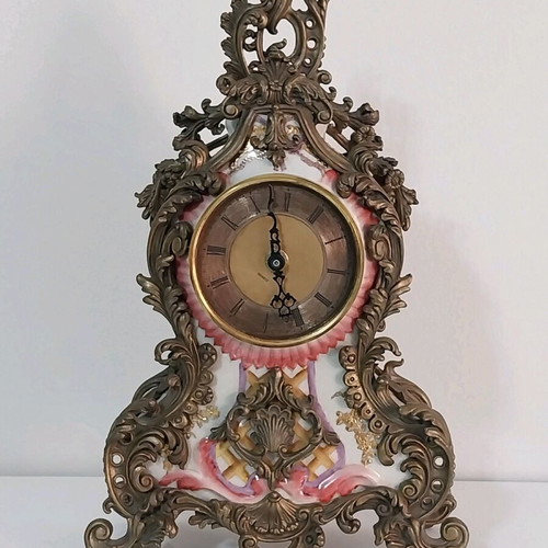 Heavy Bronze Baroque Style Table Clock with Porcelain