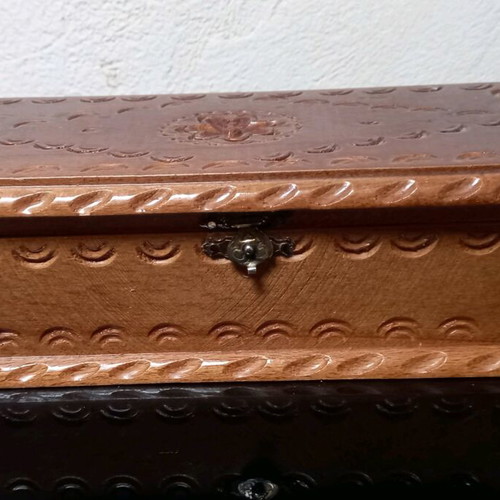 Jewelry box old wooden with carving and small mirror used