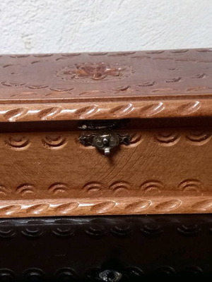 Jewelry box old wooden with carving and small mirror used